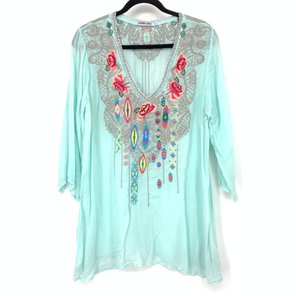 Johnny Was Tunic Womens Large Aqua Embroidered Floral Boho V Neck 3/4 Sleeve Top